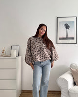 Ballon Strickpullover mit Leomuster Taupe/Hellbraun