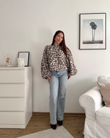 Ballon Strickpullover mit Leomuster Hellbraun/Beige