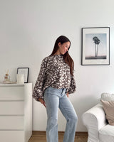 Ballon Strickpullover mit Leomuster Hellbraun/Beige