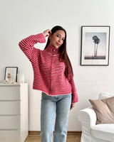 Strickjacke mit Zipper fein gestreift Rosa/Rot