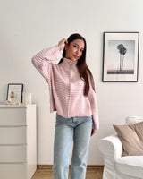 Strickjacke mit Zipper fein gestreift Beige/Rosa