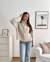 Strickjacke mit Zipper fein gestreift Beige/Taupe