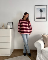 Sweater mit Patch und Streifen Weinrot/Rosa