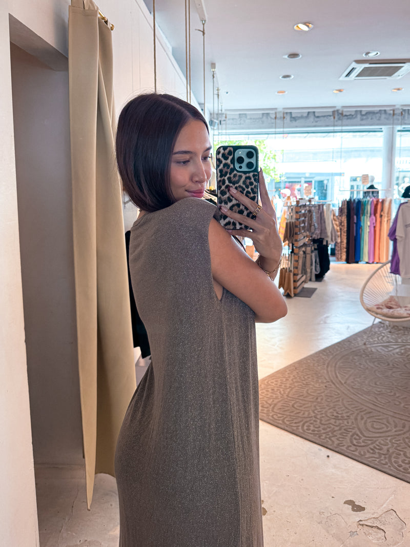 Maxikleid Glitzer mit Schlitz Taupe