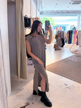Maxikleid Glitzer mit Schlitz Taupe