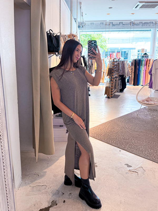 Maxikleid Glitzer mit Schlitz Taupe