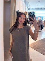 Maxikleid Glitzer mit Schlitz Taupe