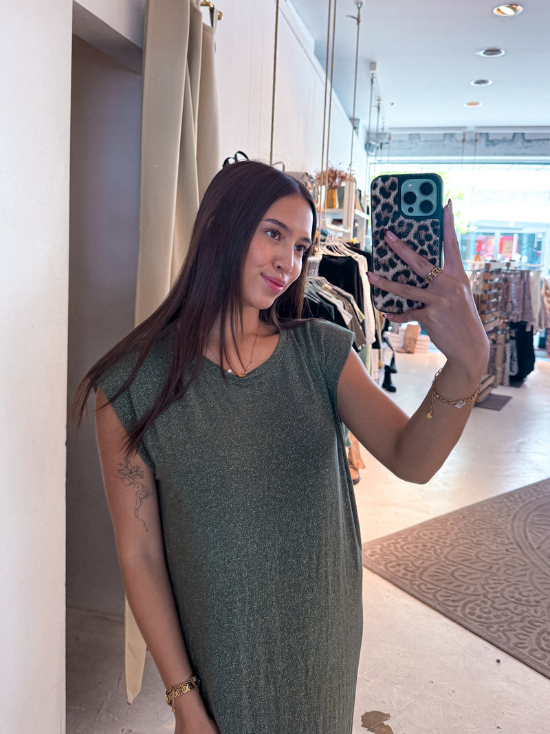 Maxikleid Glitzer mit Schlitz Olive