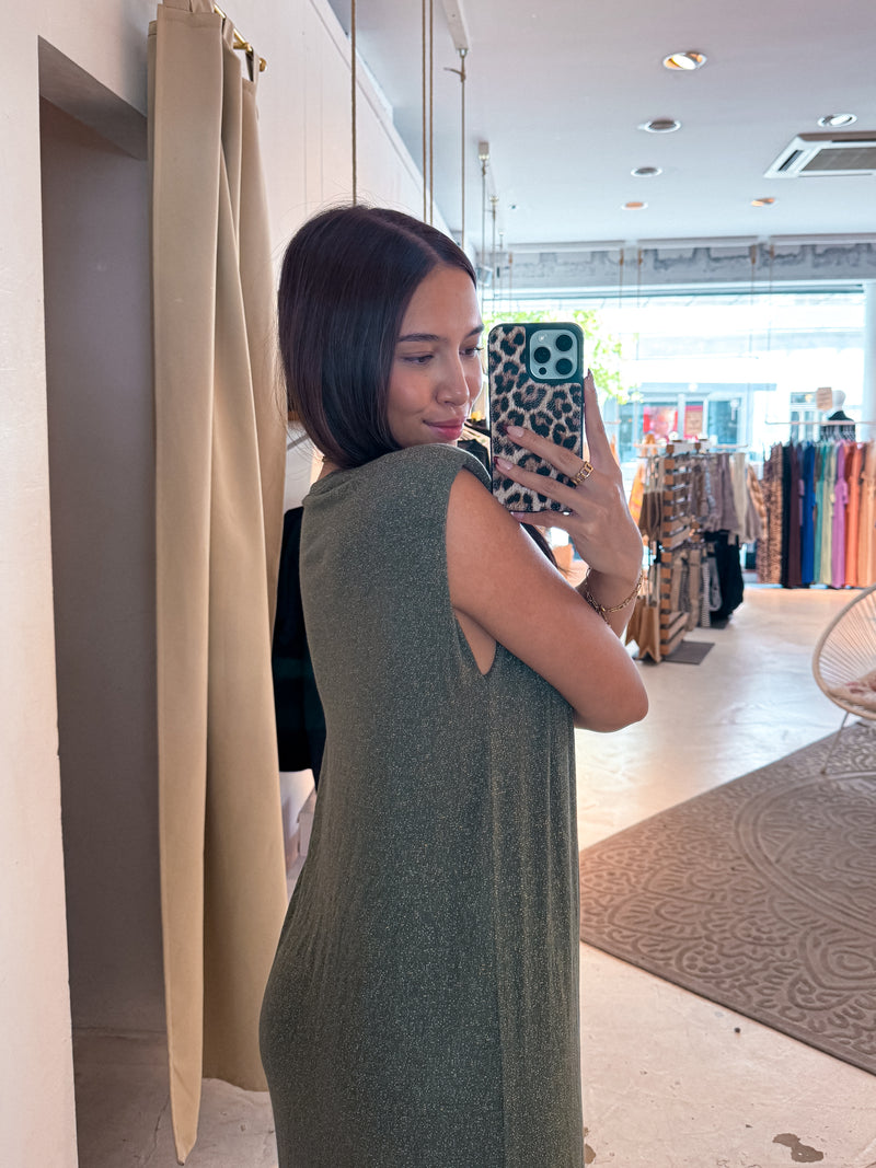 Maxikleid Glitzer mit Schlitz Olive