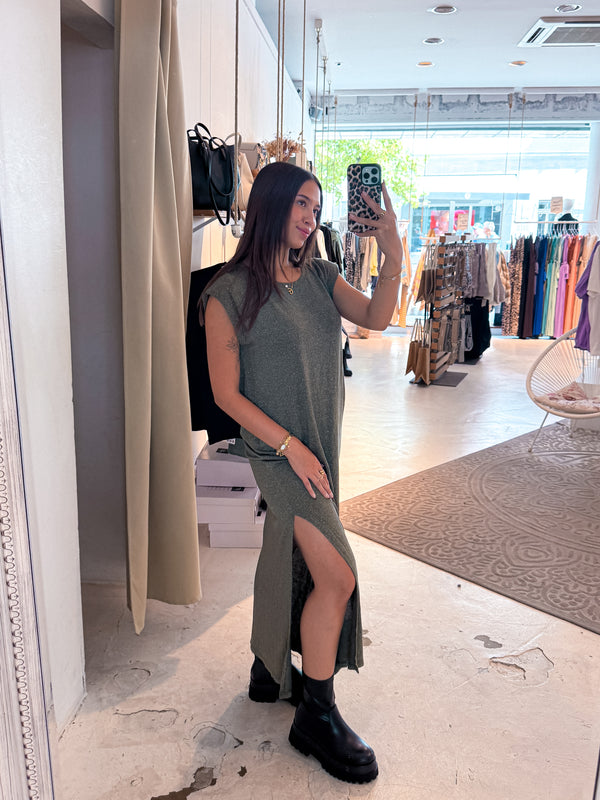 Maxikleid Glitzer mit Schlitz Olive