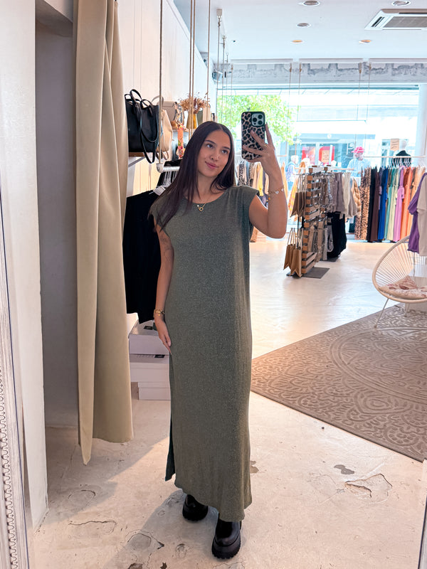 Maxikleid Glitzer mit Schlitz Olive