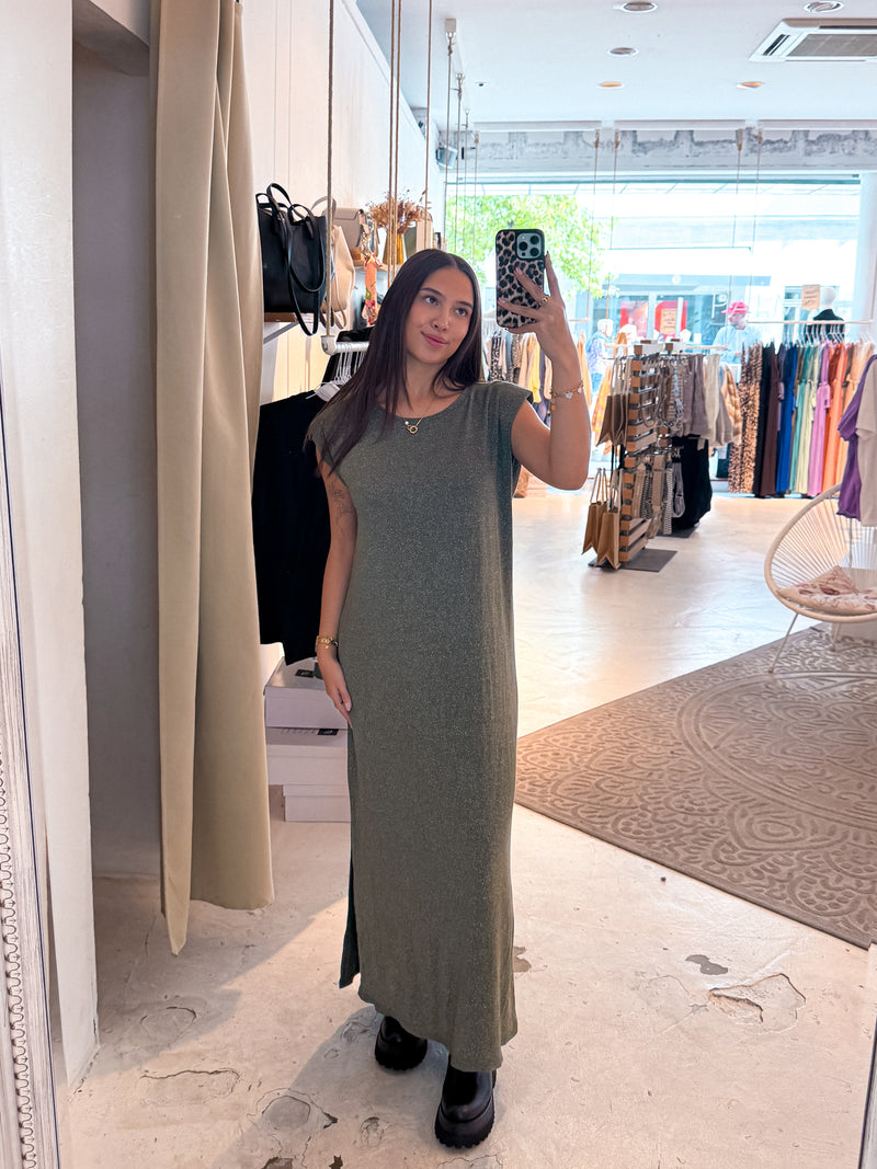Maxikleid Glitzer mit Schlitz Olive