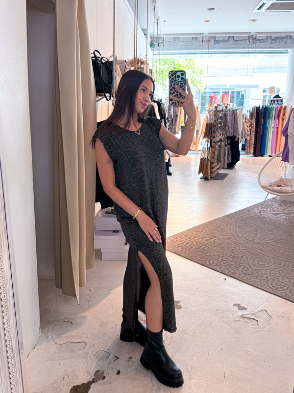 Maxikleid Glitzer mit Schlitz Braun
