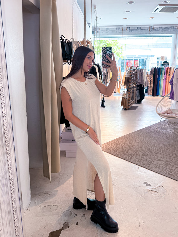 Maxikleid Glitzer mit Schlitz Beige