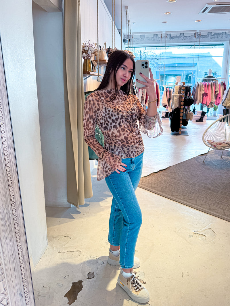 Mesh Shirt mit Trompetenärmel Camel