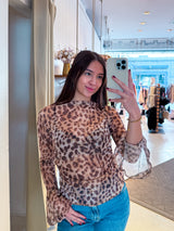 Mesh Shirt mit Trompetenärmel Camel