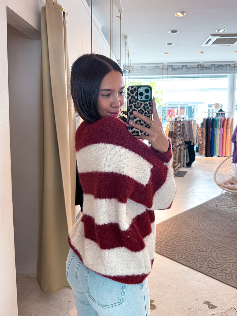 Oversized Strickpullover Gestreift Weinrot
