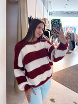 Oversized Strickpullover Gestreift Weinrot