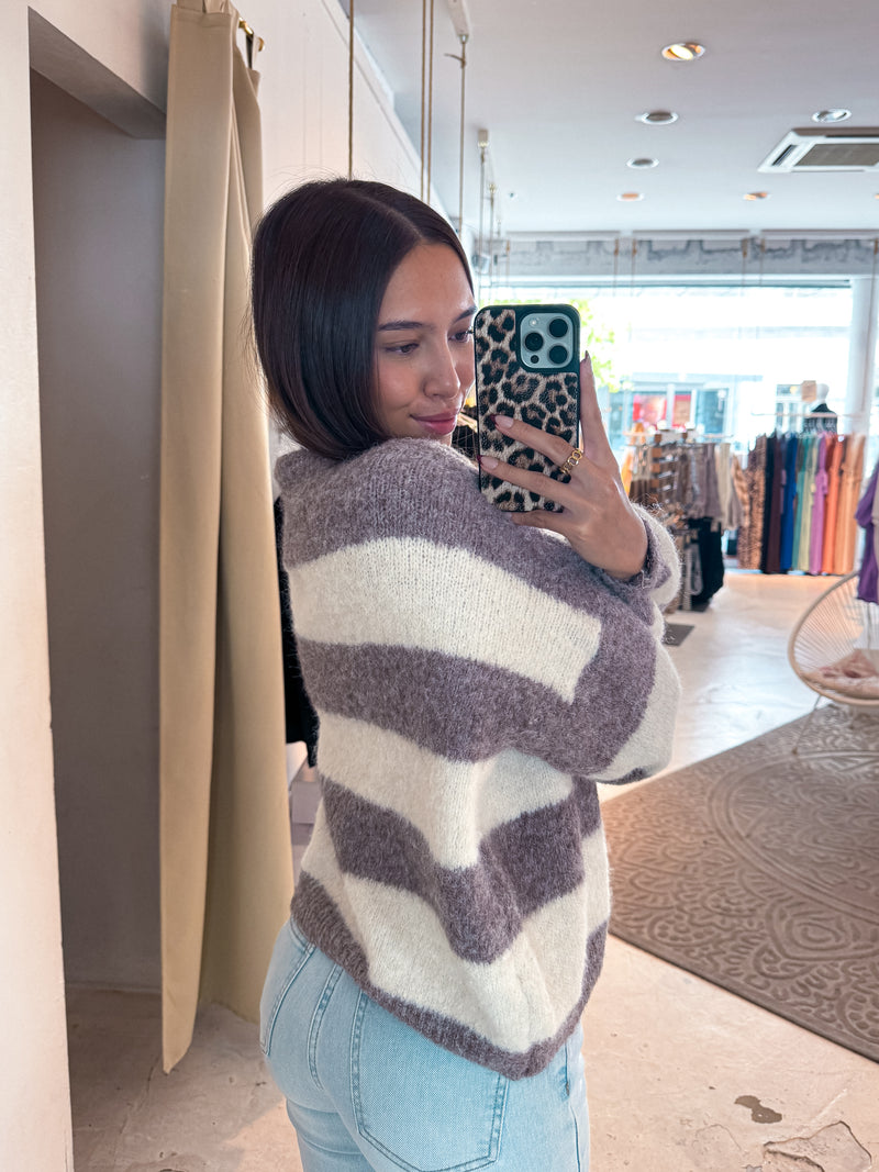 Oversized Strickpullover Gestreift Taupe