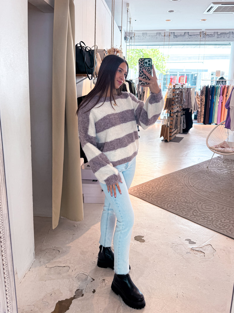Oversized Strickpullover Gestreift Taupe