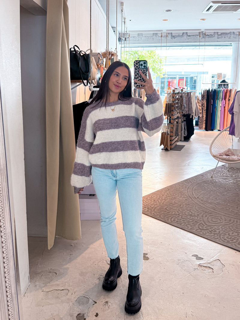 Oversized Strickpullover Gestreift Taupe