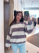 Oversized Strickpullover Gestreift Taupe