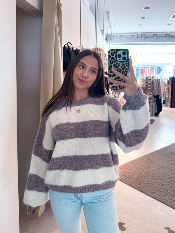 Oversized Strickpullover Gestreift Taupe
