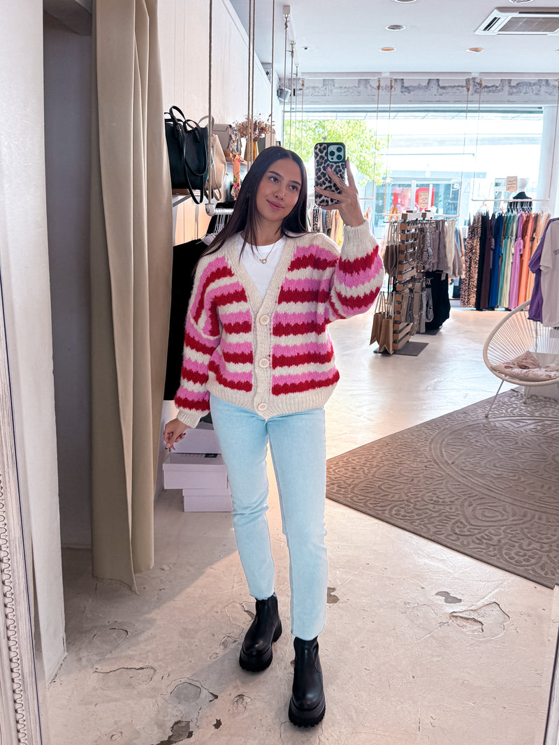 Lockere Strickjacke Gestreift Weinrot