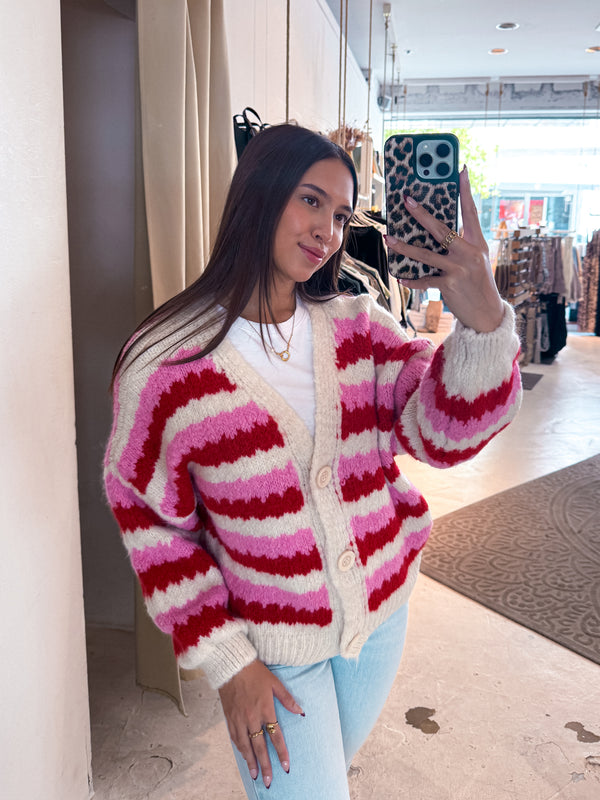 Lockere Strickjacke Gestreift Weinrot