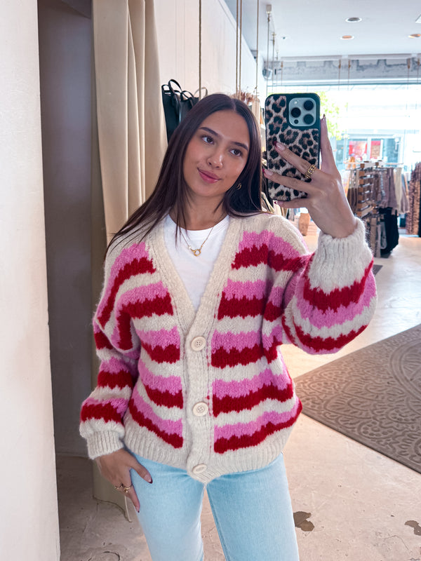 Lockere Strickjacke Gestreift Weinrot