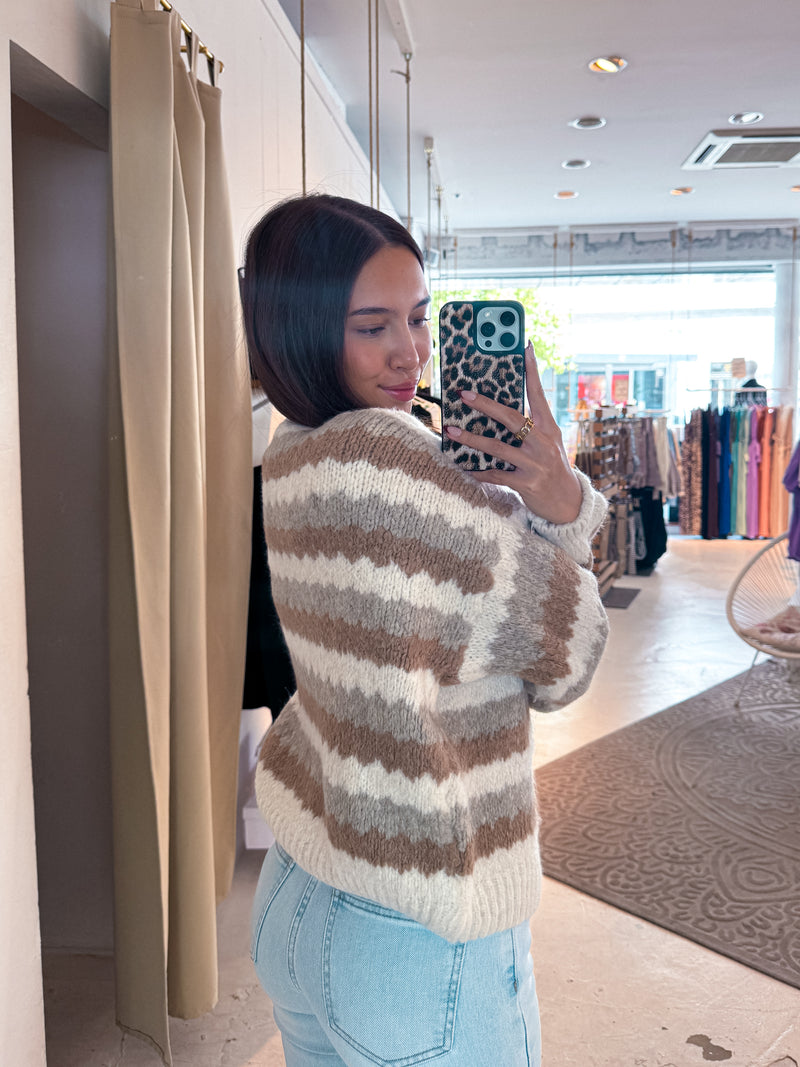 Lockere Strickjacke Gestreift Taupe