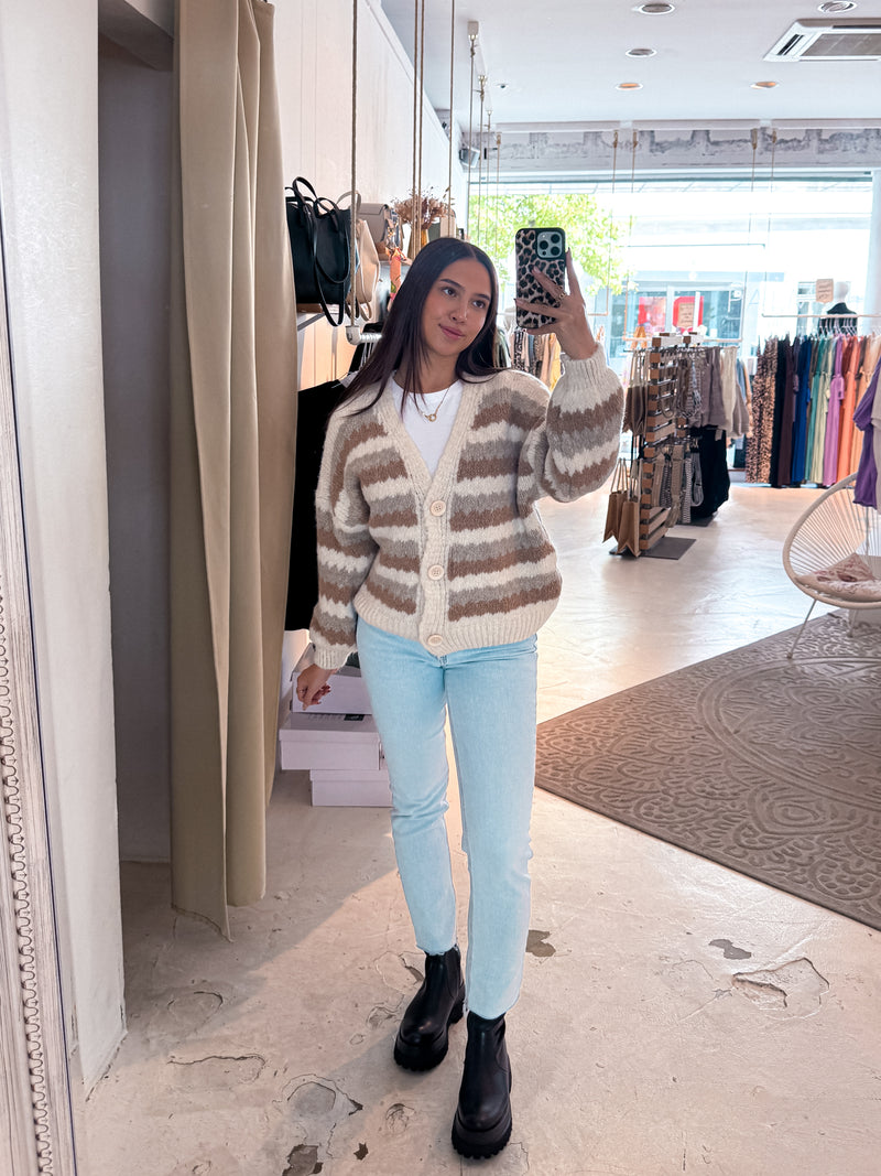 Lockere Strickjacke Gestreift Taupe