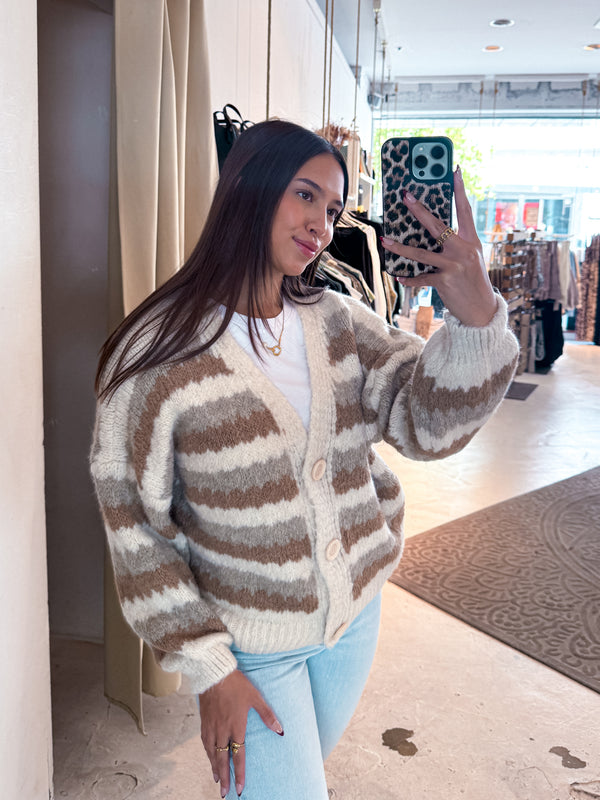 Lockere Strickjacke Gestreift Taupe