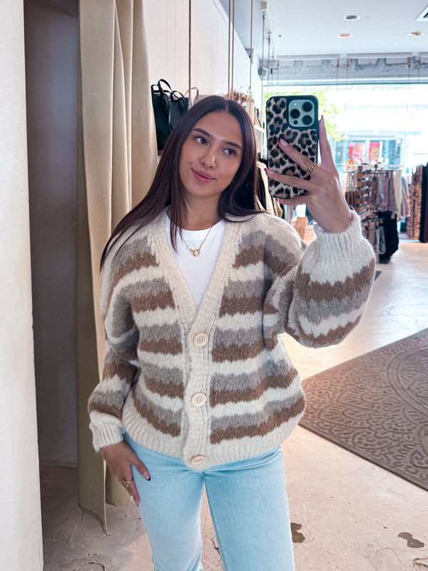 Lockere Strickjacke Gestreift Taupe