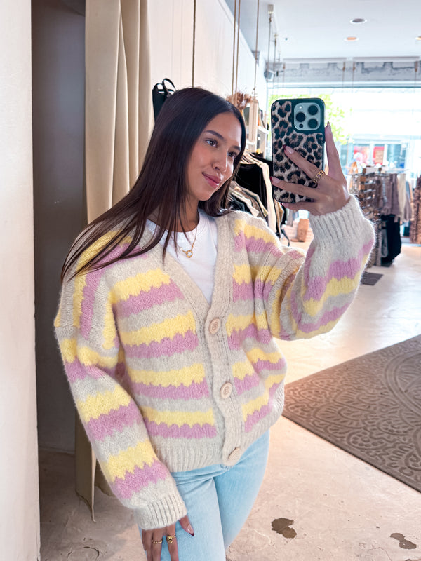 Lockere Strickjacke Gestreift Gelb