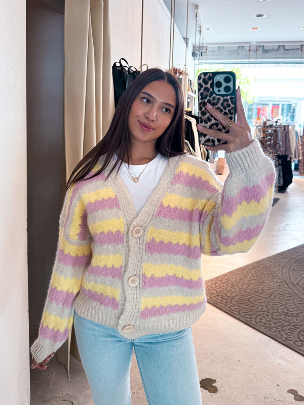 Lockere Strickjacke Gestreift Gelb