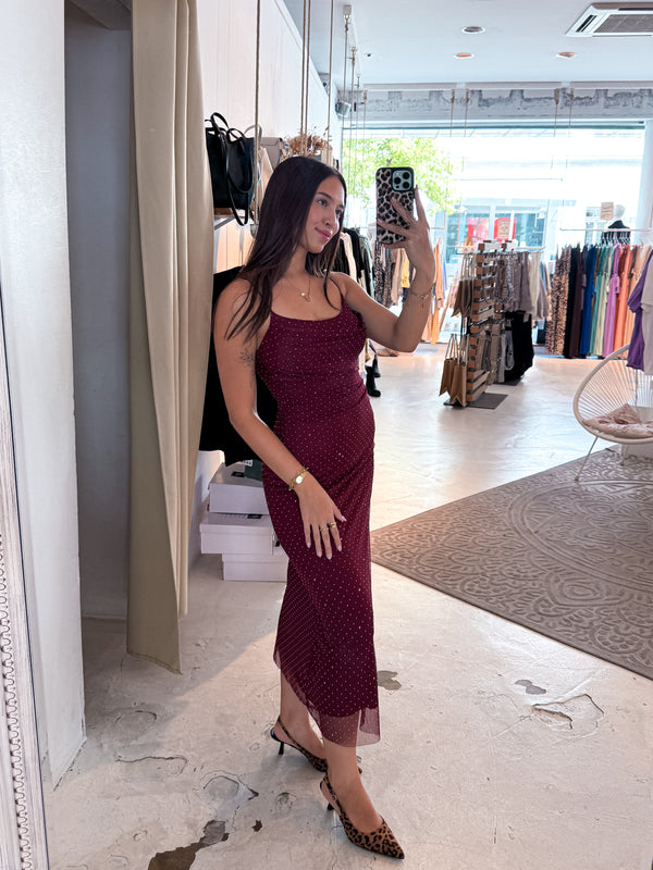Kleid mit Steinchen Weinrot