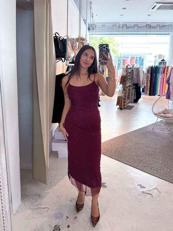 Kleid mit Steinchen Weinrot