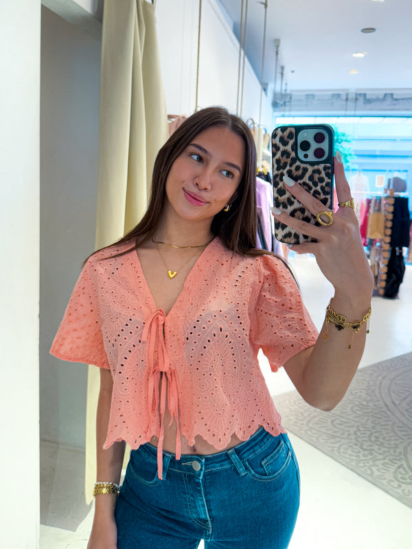 Bluse mit Lochstickerei Peach