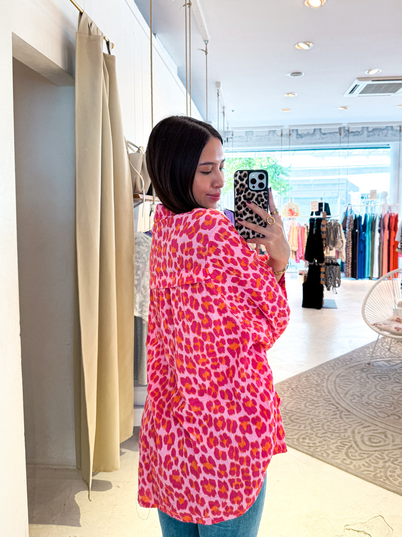 Kurze Waffle Bluse mit Leomuster Pink