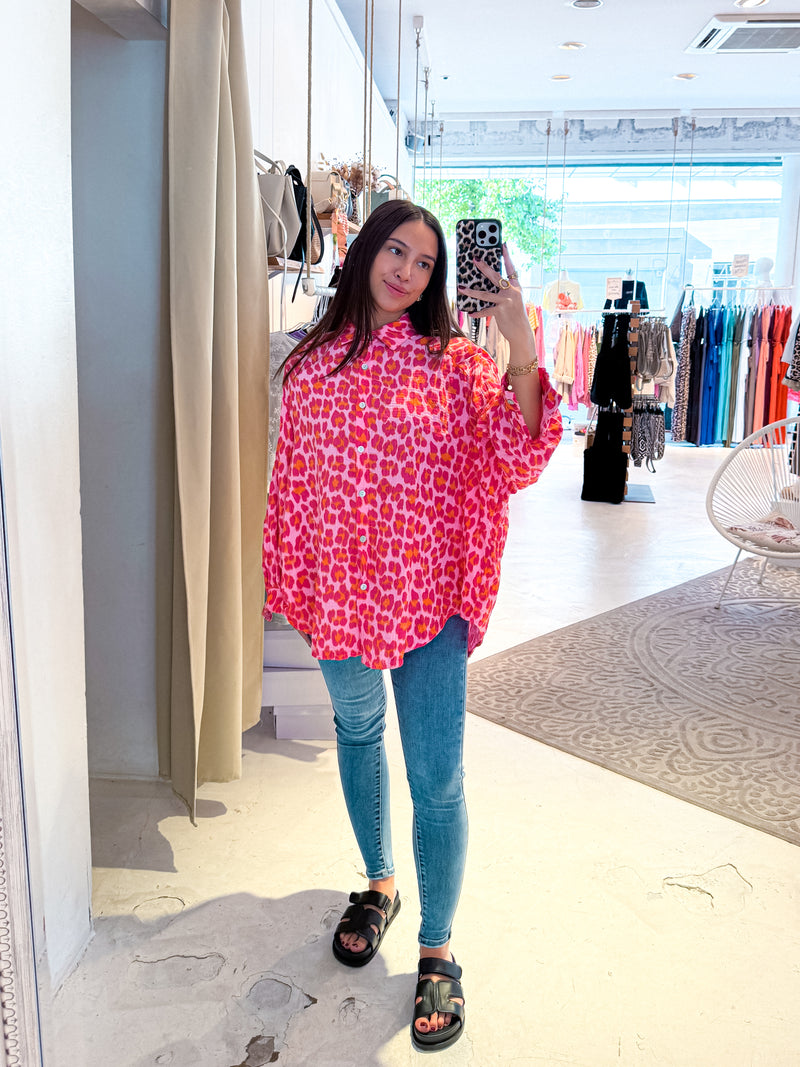 Kurze Waffle Bluse mit Leomuster Pink
