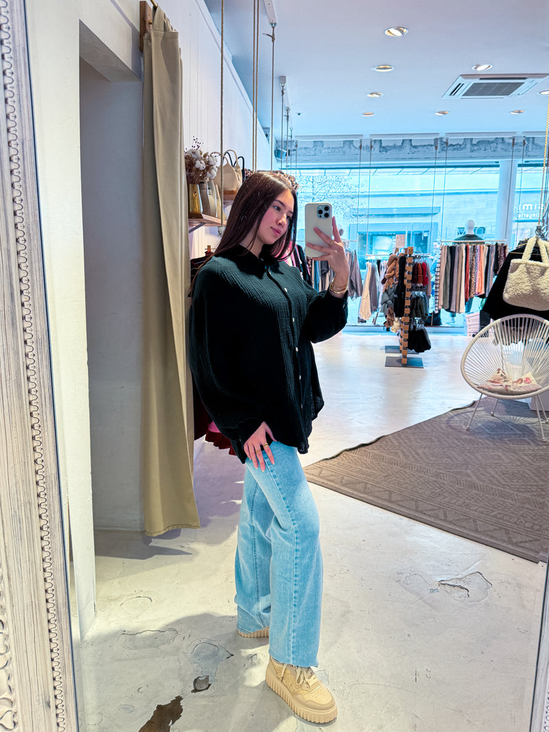 Kurze Waffle Bluse Schwarz