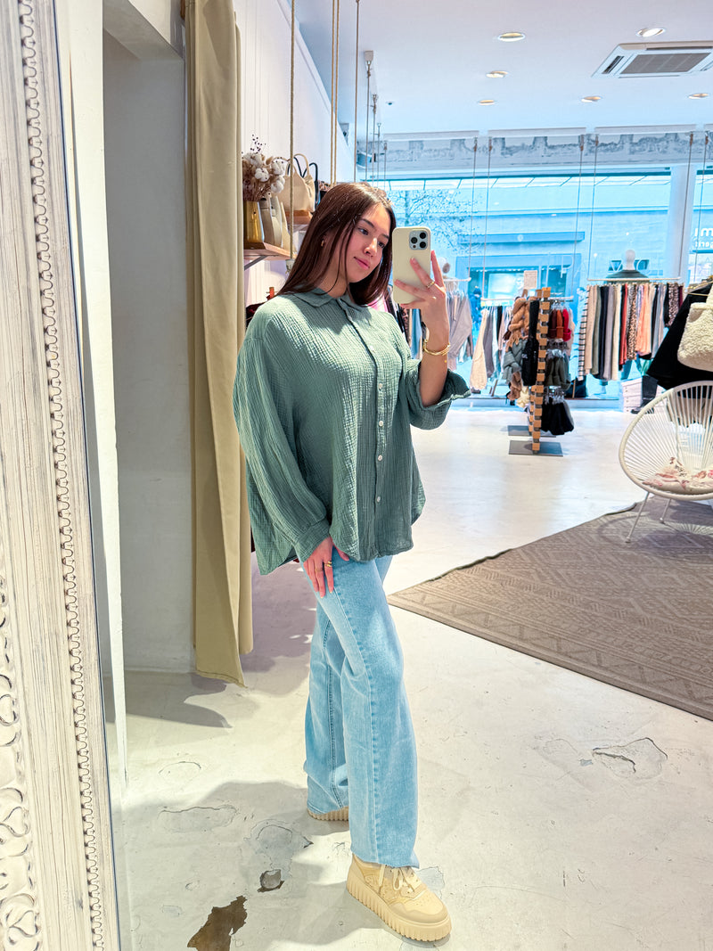 Kurze Waffle Bluse Olive