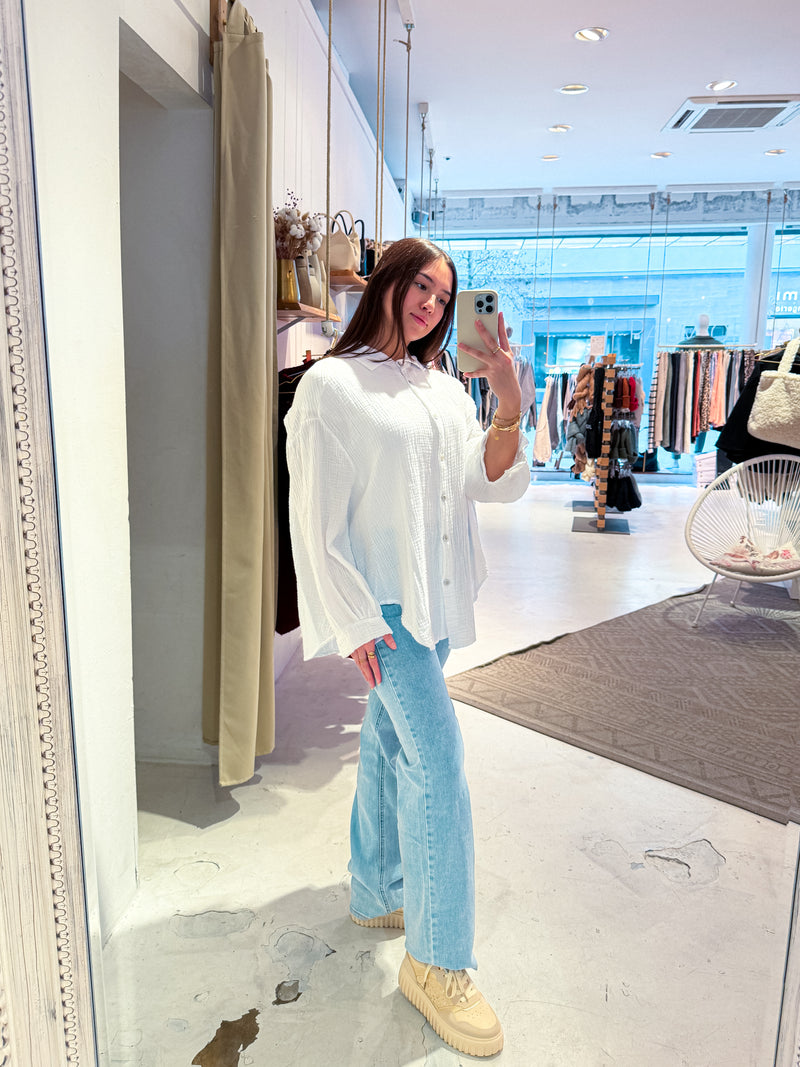 Kurze Waffle Bluse Weiß
