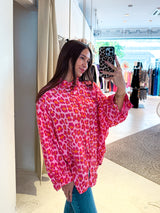 Kurze Waffle Bluse mit Leomuster Pink