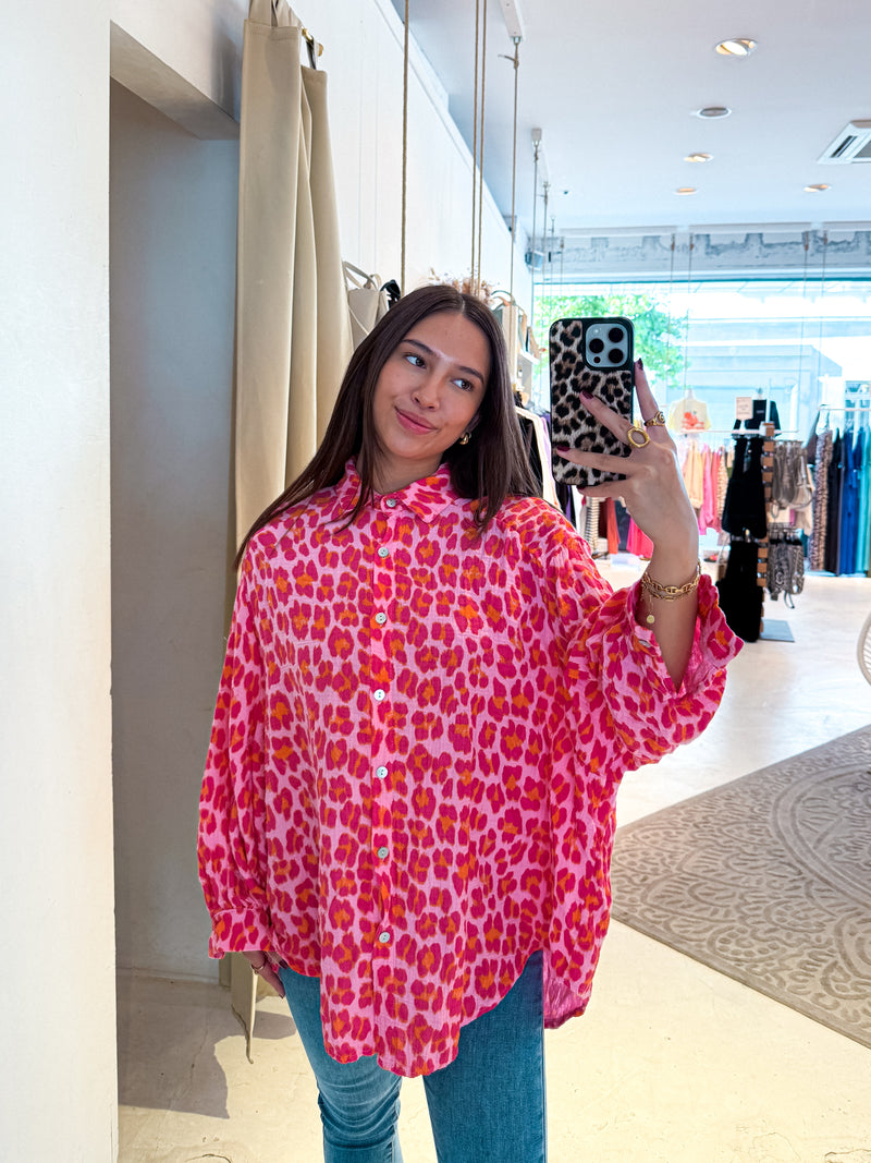Kurze Waffle Bluse mit Leomuster Pink