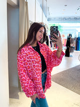 Kurze Waffle Bluse mit Leomuster Pink