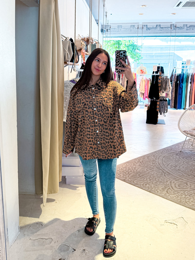 Jeanshemd mit Leomuster Camel