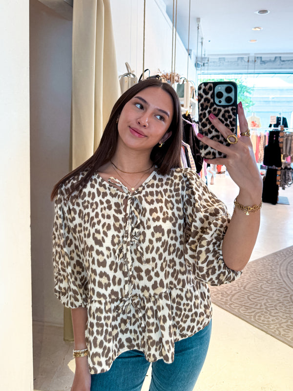 Waffle Bluse mit Schleifen und Leomuster Taupe