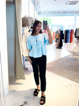 Waffle Bluse mit Schleifen Hellblau